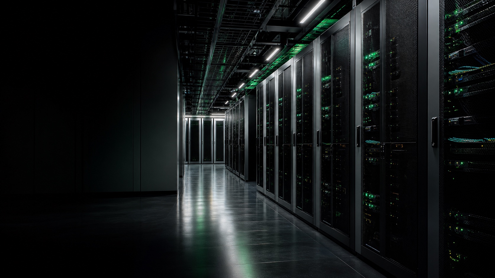 Conceptual visualization of a modern green-lit data center corridor