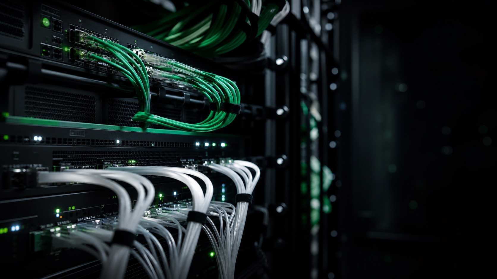 Conceptual close-up of green and white fiber connections in a network rack